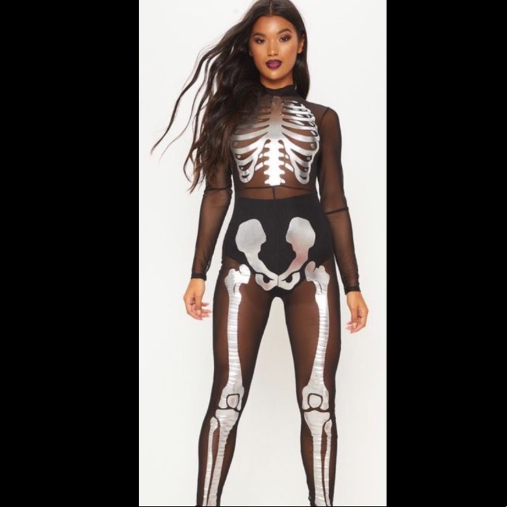 Pretty Little Thing Foil Skeleton Print Bodysuit
